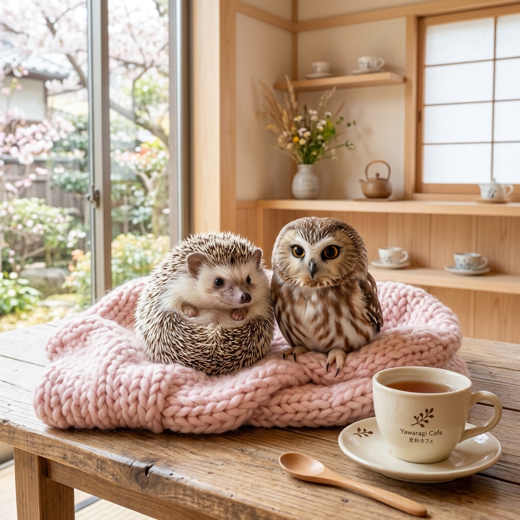 フクロウとハリネズミのふれあい